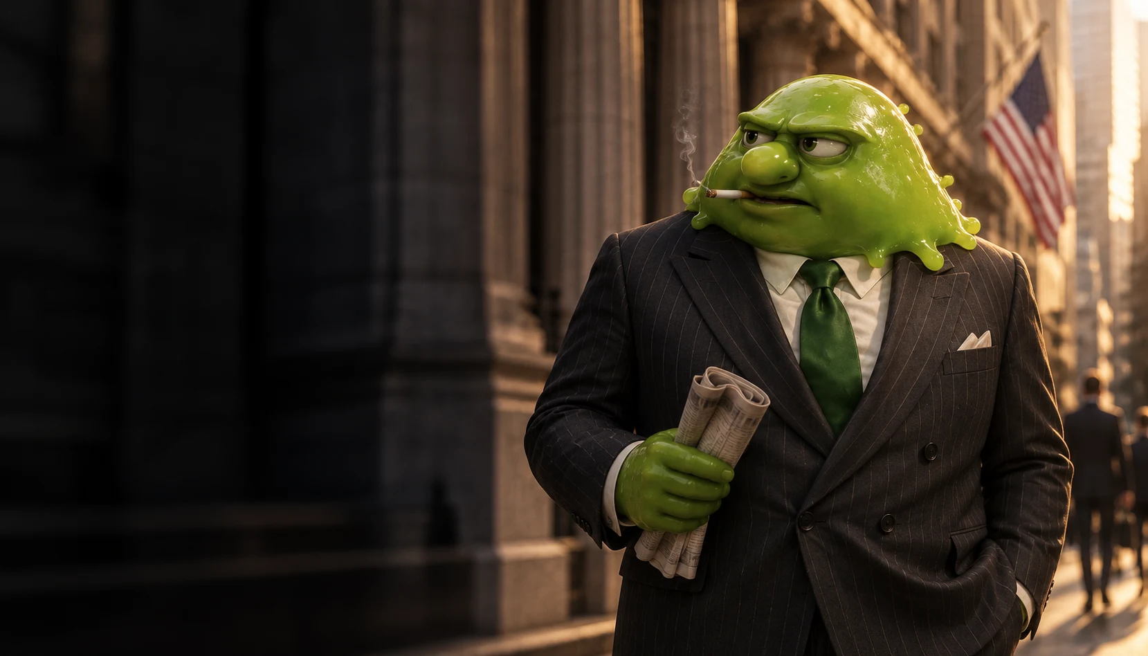 Froth guy in a charcoal pinstripe suit and green tie, cigarette in his mouth and newspaper in hand.